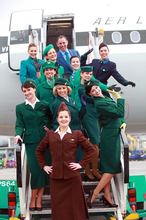 Aer Lingus crew in the carriers past and present uniforms ☘️ Air Hostess Uniform, Airline Attendant, Aer Lingus, Airline Cabin Crew, Stewardess Uniform, Airline Uniforms, Flight Attendant Fashion, Flight Attendant Uniform, Dublin Airport