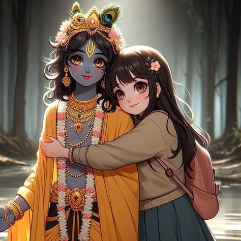 Kanha And Sakhi, Krishna Hugging Devotee, Krishna Illustrations, Krishna Sakhi, Kanha Ji Images, Cute Drawings Of People, Little Kanha Ji Images, Krishna Devotee, Hinduism History