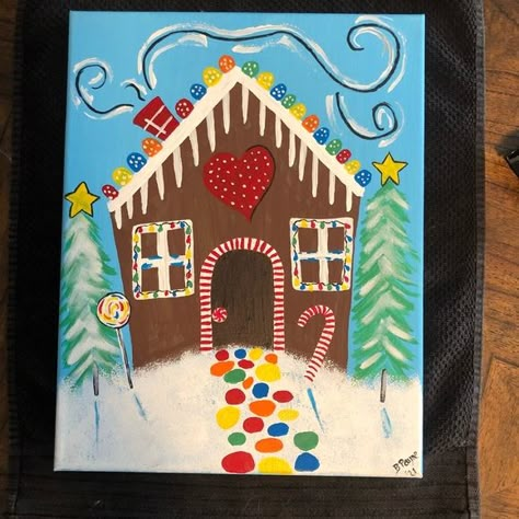 Gingerbread house painting on 11” x 14” canvass Kids Paint Party Ideas, Gingerbread House Painting, White Gingerbread House, Winter Art Project, Kids Paint Party, Easy Gingerbread House, Paint Night Ideas, Children Painting, Paint Party Ideas