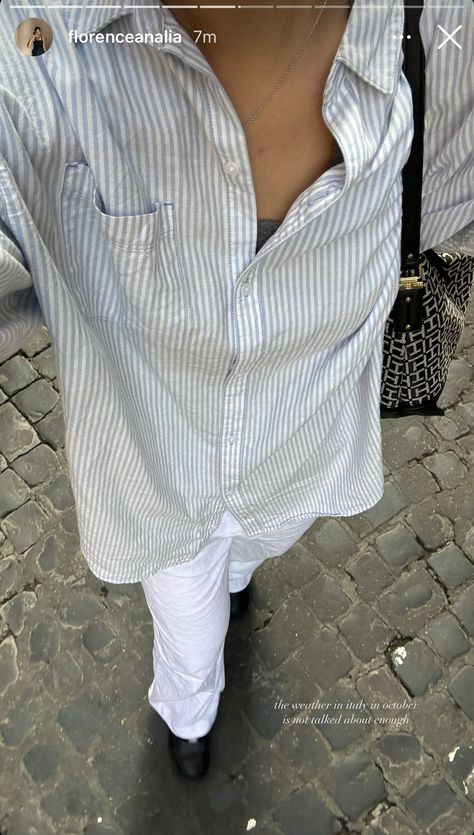 summer outfit in Rome, Italy | pinstripe oversized collared shirt with white linen pants Oversized Collared Shirt, White Linen Pants, Ig Stories, Collared Shirt, Rome Italy, Linen Pants, Ig Story, White Linen, Summer Outfit