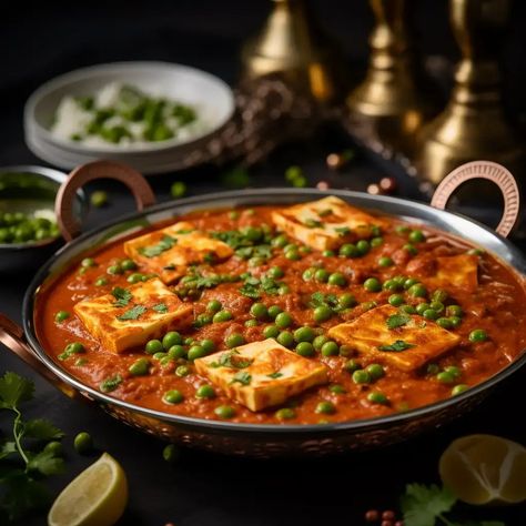 Matar Paneer is a beloved and timeless North Indian vegetarian dish that showcases the rich and comforting flavors of Indian cuisine. This dish features soft cubes of paneer (Indian cottage cheese) cooked in a tomato-based gravy with green peas (matar). Matar Paneer is known for its creamy and mildly spiced sauce that perfectly complements the tender paneer and sweet peas, making it a favorite among vegetarians and non-vegetarians alike. Paneer Masala Photography, Veg Dishes Indian, Veg Food Photography, North Indian Food Photography, Indian Cuisine Photography, Indian Dishes Vegetarian, Matter Paneer, Indian Food Vegetarian, Mattar Paneer