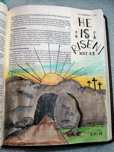 He Is Risen!!! In celebration of Resurrection Sunday. Acts 4:29-31, He Is Risen Bible Journaling, Matthew 12 Bible Journaling, Drawing Christian, Matthew Bible, Scripture Art Journaling, Bible Journaling Ideas, Bible Artwork, Bible Journaling For Beginners