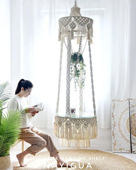 Eva DONG on Instagram: "🌴 share🌴 macrame hanging shelf // This hanging table has a touch of vintage style. Hope you will like it ! #macramelove #macrame #macramedesign #macramemakers #modernmacrame #homedecor #interiorstyle #handmade #textile #fiberdesign #fibersculpture #knotart #fiberart #rope #ropeart #knots #cottonrope #bohochic #bohomian #bohomianstyle #bohomianinterior #homeinterior #interiordesign #macramecommunity #interior123 #interior4all #cornerofmyhome #interior12follow #手工艺 #手工" Macrame Hanging Tables, Hanging Macrame Table, Macrame Hanging Table Diy, Macrame Shelf Hanging Shelves, Macrame Hanging Table, Macrame Furniture, Vintage Macrame Patterns, Macrame Hanging Shelf, Macrame Shelf