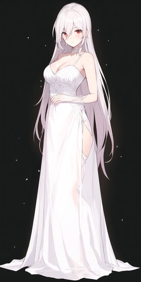 Animes White Hair Girl, Long Haired Anime Woman, Anime Woman With White Hair, Anime Female White Hair, Bambi Mom, White Dress Anime, White Hair Character Design Female, White Hair Anime Woman, Goddess Outfit