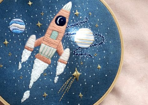 Space Embroidery, Ship Embroidery, Outer Space Nursery, Space Nursery, Hand Embroidery Kit, Star Embroidery, Rocket Ship, Wooden Hoop, Diy Activities