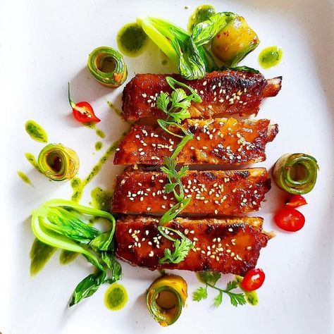 Pork Ribs Plating, Peanut Pesto, Pok Choi, Fine Dining Plating, Art Of Plating, Baby Back Pork Ribs, Gourmet Appetizers, Fine Dining Recipes, Basic Kitchen