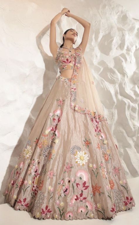 Floral Lehenga Aesthetic, Floral Wedding Lehenga, Lehenga Poses, Wedding Catalog, Indian Outfits Modern, Dress Designs For Stitching, Saffron Spice, Elegant Fashion Outfits, Navratri Garba