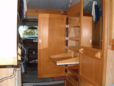 Modify Your RV for Fulltiming - Ergonomics and Comfort | Roadtreking Roadtrek Modifications, Motorhome Remodel, Sliding Shelves, Travel Trailer Remodel, Outside Furniture, Living On The Road, Rv Living Full Time, Cargo Carrier, Trailer Remodel