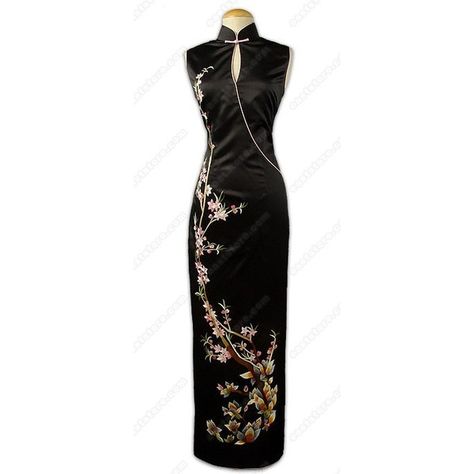 Elegant Yulan and Peachblossom Embroidered Silk Cheongsam ❤ liked on Polyvore featuring dresses, kimono, qipao dress, silk kimono, black dress, black silk dress and black kimono Ankle Length Dresses, Black Kimono Dress, Moda China, Mandarin Dress, Silk Kimono Dress, Sleeveless Kimono, Techwear Fashion, Chinese Style Dress, Black Embroidered Dress