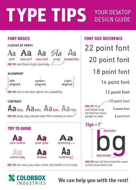 Type tips, desk design guide Basic typography, alignment and contrast, type best practices, font size guide, things to avoid. Design, graphic design, for all. Colorbox Industries. Serif, Slab Serif, Sans Serif, script, handwritten. File Types Graphic Design, Graphic Design Tips Cheat Sheets, Typography In Graphic Design, Typography Tips And Tricks, Typography For Websites, Graphic Design Guide, Font Size Guide, Typography Basics, Typography Practice