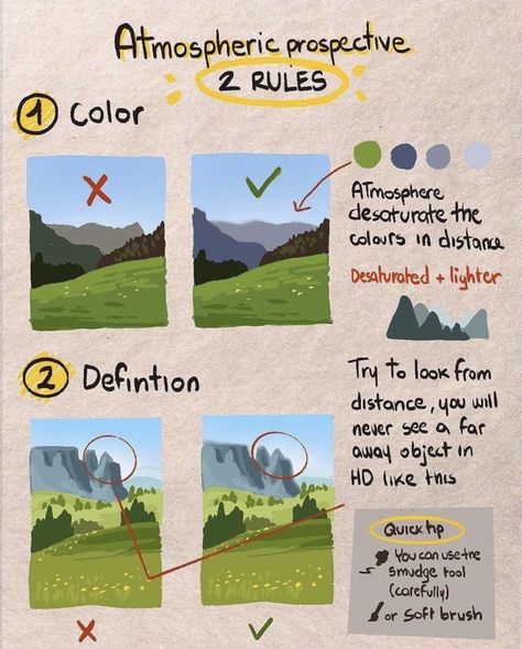 Digital Art Colouring Process, Background Drawing Tips, Environment Concept Art Landscape, Digital Painting Tips, Objects Reference, Atmospheric Perspective, Process Painting, Color Theory Art, Concept Art Tutorial