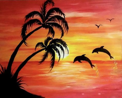 Watercolor Sunsets, Disney Canvas Paintings, Beach Sunset Painting, Dolphin Painting, Sunset Canvas Painting, Beach Drawing, Dolphin Art, Sunset Artwork, Art Paintings For Sale