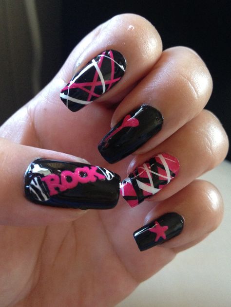 Jelly Roll Concert Nails, Metallica Nail Art, Rock Concert Nails Ideas, Avril Lavigne Inspired Nails, Avril Lavigne Nail Ideas, Rock And Roll Nails Ideas, 80s Rock Nails, P!nk Concert Nails, Rock N Roll Nails Designs