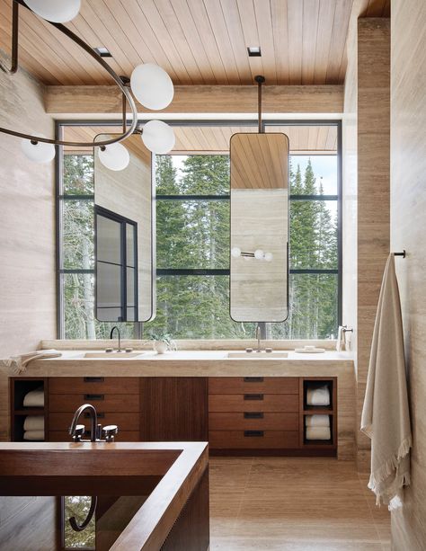 This Park City Property Boasts Stunning Views and Elevated Amenities - Interior Design Travertine Bathroom Design, Elegant Bathroom Decor Ideas, Wood Tub, Floating Fireplace, Elegant Bathroom Decor, Primary Suite, Suite Bathroom, Ski House, Showroom Interior Design