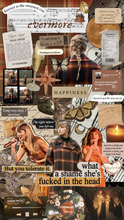 Evermore Taylor Swift collage wallpaper Taylor Swift Playlist, Taylor Swift Party, Swift Wallpaper, Taylor Swift Tour Outfits, Gilmore Girl, Swift Tour, Music Collage, Taylor Swift Posters, Collage Background