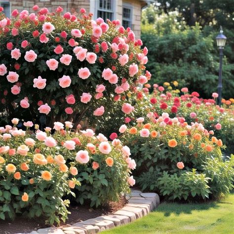 Landscaping Roses Front Yards, Rose And Vegetable Garden, Rose Bush Garden Ideas, Rose Garden Landscape Front Yards, Modern Rose Garden, Rose Bushes In Front Of House, Front Yard Roses Landscaping Ideas, Rose Garden Ideas Backyards, Rose Beds Garden Ideas