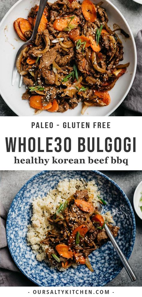 This healthy bulgogi (Korean beef BBQ) is the perfect asian recipe for a quick and easy weeknight dinner or healthy Friday night fake-out! Naturally paleo, Whole30, and gluten free, this traditional Korean recipe is loaded with flavor and texture, and so easy to prepare - you'll be instantly addicted! Serve this easy Whole30 dinner recipe over cauliflower or regular rice, or in lettuce cups for a low carb alternative. #whole30 #asianrecipes Spicy Low Carb Recipes, Healthy Korean Beef, Crunchy Life, 2024 Meals, Korean Recipe, Whole30 Dinner, Bulgogi Recipe, 30 Diet, Whole30 Dinner Recipes