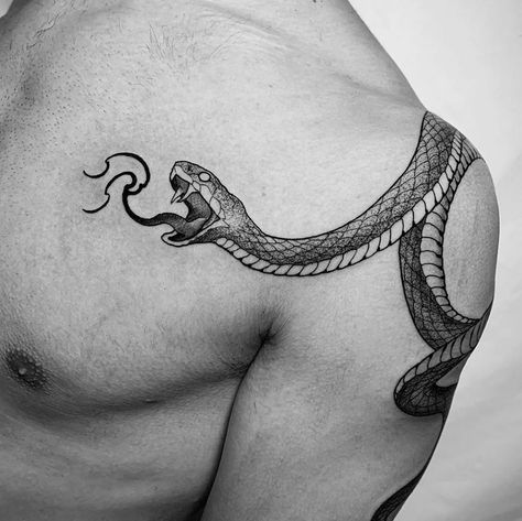 Love Tattoos For Men, Snake Shoulder Tattoo, Tattoo Ideas Snake, Tattoo Ideas Chest, Men Shoulder Tattoo, Chest Neck Tattoo, Snake And Dagger Tattoo, Tattoo Snake, Torso Tattoos