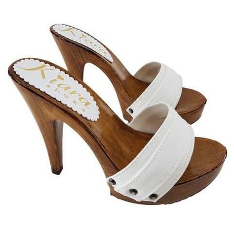 Crazy Heels, Platform Clogs Shoes, Bedazzled Shoes, White Clogs, High Heel Sandals Platform, High Heel Clogs, Wooden Heels, Giuseppe Zanotti Shoes, Clog Heels