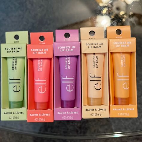 Elf Squeeze Me Lip Balm In All Flavors Honeydew Strawberry Grape Vanilla Frosting And Peach Has A Hint Of Color Preppy Products, Preppy Makeup, Bday Wishlist, Makeup Bag Essentials, Sephora Skin Care, Perfect Skin Care Routine, Elf Cosmetics, Birthday Stuff, Elf Makeup