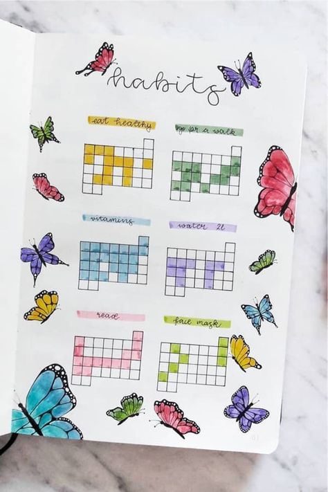 Looking for a super cute spring or summer theme to change the look of your bujo spreads with? Check out the best butterfly themed bullet journal spreads, covers, and layouts for inspiration! Butterfly Bullet Journal, Writing English, April Bullet Journal, May Bullet Journal, Bullet Journal Work, Bujo Spreads, Bullet Journal Spreads, Bullet Journal Ideas Templates, Habit Tracker Bullet Journal