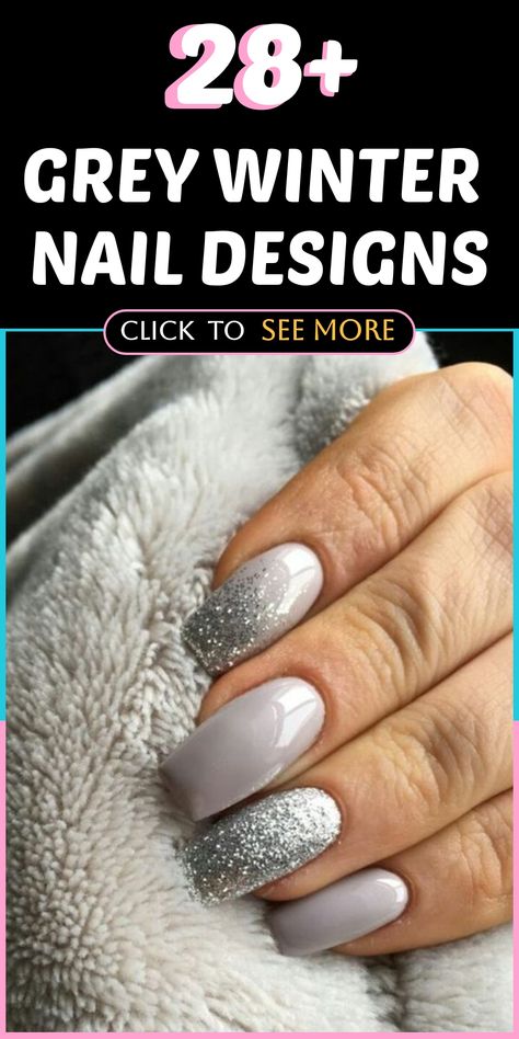 Discover a whole new level of sophistication with our collection of elegant grey winter nail designs. Whether you prefer a chic and polished look or something cozy and festive, we've got the perfect style to match your winter vibe. Elevate your nails this season with our stunning selection that will effortlessly complement your winter wardrobe. Don't miss out on adding a touch of grace and beauty to your nails with our exquisite grey winter collection. Grey Ombre Nails Short, Grey Nails With Snowflake Winter, Winter Designs Nails, Winter Gray Nails, Winter Ombré Nails, Winter Glitter Nails Acrylic, Gray Sweater Nails, Christmas Nails Gray, Gray Gel Nails Ideas