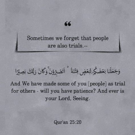 You're referencing a verse from the Quran! Quran 25:20 states: "And We sent not before you any messengers except that they ate food and walked in the markets. And We have made some of you [people] as a trial for others - will you have patience? And ever is your Lord, Seeing." (Quran 25:20, translation: Sahih International) This verse is part of Surah Al-Furqan (Chapter 25) and highlights the human nature of the prophets and messengers sent by God. It reminds us that they were ordinary peo... Surah Furqan, Verses From The Quran, Have Patience, Having Patience, The Quran, Bettering Myself, Human Nature, Quran Verses, Faith Quotes