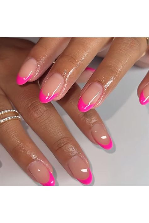 Top Dominican Nail Designs for Summer 2024 Medium Length Almond Nails French Tip, Bright Pink Nails French Tip, Cute Acrylic Nails Spring, Spring Break Nail Ideas French Tip, Bright Pink French Nails, Nude And Pink Nail Designs, French Manicure Hot Pink, Neon Pink Tip Nails, Pink Tip Nails Almond