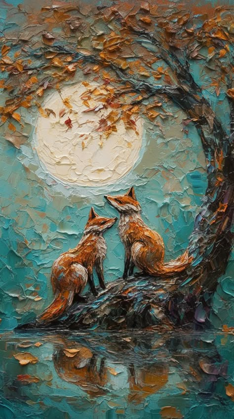 Two Foxes, Animal Paintings Acrylic, Polymer Clay Painting, Fox Painting, Soyut Sanat Tabloları, Orange Tones, Palette Knife Painting, Impasto Painting, Dark Turquoise