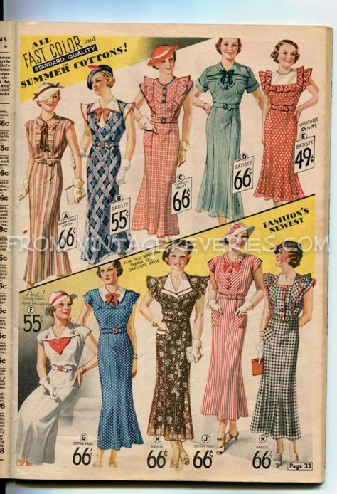 Summer dress fashions from the 1935 Chicago Mail Order Catalog, including two full color pages. Illustrations of the 1930s silhouette and dress lines. 1930s Fashion Women, 1930's Dresses, Vintage Fashion 1930s, 1930 Fashion, 1930s Dress, 30s Fashion, Vintage Dress Patterns, 1930s Fashion, Summer Fashion Dresses