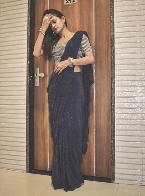 Navy Blue Saree With Silver Blouse, Saree With Sequence Blouse, Plain Sarees, Navy Blue Saree, Sequence Blouse, Female Photography, Saree Wearing, Silver Blouse, Saree Wearing Styles