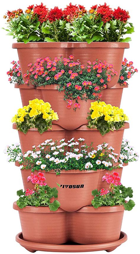 Amazon.com: VIVOSUN 5 Tier Vertical Gardening Stackable Planter for Strawberries, Flowers, Herbs, Vegetables Brown : Patio, Lawn & Garden Flower Vegetable Garden, Flower Pot Tower, Stackable Planters, Plastic Hanging Planters, Herb Garden Planter, Vertical Garden Planters, Tiered Planter, Strawberry Planters, Planting Pots