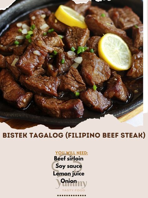 🥩🍛 Dive into the savory Bistek Tagalog—a Filipino beef steak in a tangy, flavorful sauce that’s simply mouthwatering! 😍🍽️ #BistekTagalog #BeefSteak Bistek Tagalog (Filipino Beef Steak) Ingredients: Beef sirloin (500g, thinly sliced) Soy sauce (1/4 cup) Lemon juice (2 tbsp) Onion (1, sliced) Garlic (3 cloves, minced) Oil (2 tbsp) Salt and pepper (to taste) Instructions: Marinate beef in soy sauce and lemon juice for 30 minutes. Heat oil in a pan, sauté onion and garlic until soft. Add beef... Bistek Tagalog, Beef Sirloin, Marinated Beef, Saute Onions, Beef Steak, Juice, Steak, Lemon, Sauce