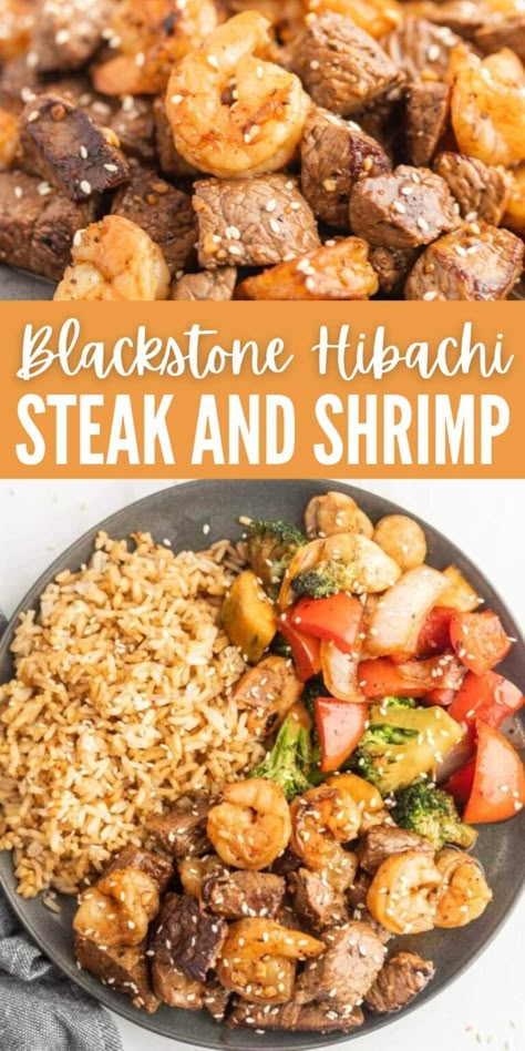 Blackstone Hibachi Steak and Shrimp Recipe - grillonadime.com Blackstone Griddle Recipes Hibachi, Steak Bites On Blackstone Griddle, Sukiyaki Steak Recipe, Hibachi Filet Mignon Recipe, Hibachi On The Blackstone, Japanese Hibachi Recipes, Easy Hibachi Recipes, Blackstone Hibachi Chicken, Hibachi Steak And Shrimp Recipe