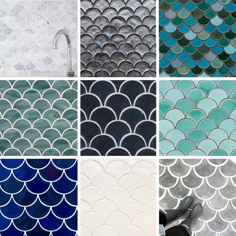 Looking For Fish Scale Tiles? Where to Find Our Favorites — Remodeling Resources Fish Scale Tiles, Scallop Tiles, Kitchen Splashback Tiles, Fish Scale Tile, Mermaid Bathroom, Tiles Backsplash, Splashback Tiles, Design Your Kitchen, Backsplash Tiles