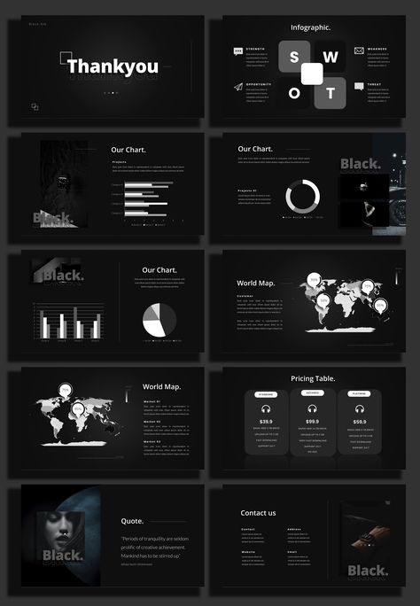 (Keynote) https://graphicriver.net/item/black-creative-business-keynote-template/44383521 Presentation Dark Design, Black Presentation Design, Dark Presentation Design, Black And White Presentation, Keynote Design, Graphic Design Portfolio Layout, Presentation Slides Design, Presentation Design Layout, Proposal Design