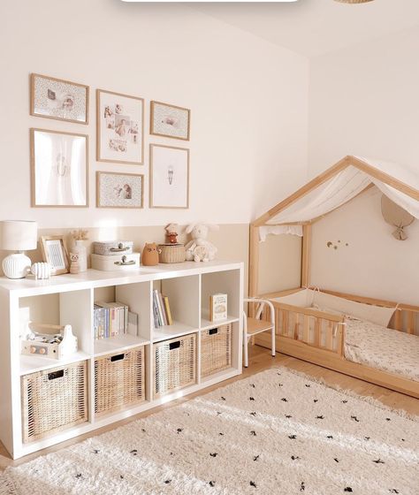 Kids Room Set Up, Montessori Bedroom Design, Toddler Gender Neutral Bedroom, Toddler Boy Montessori Bedroom, Simple Toddler Girl Room, Den And Playroom Combo, Room Sharing With Toddler, Montesorri Bedroom Toddler, Bedroom And Playroom Combo