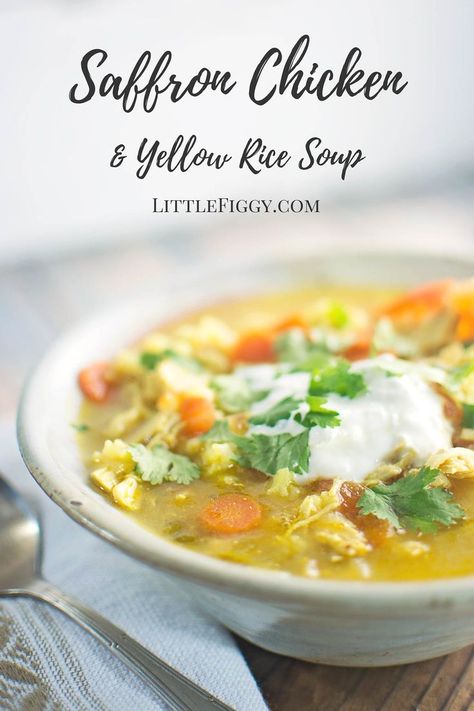 Saffron Chicken & Yellow Rice Soup - this is a great variation on Chicken Soup and is great just because or if you need a "get well" soup, this is perfect. Recipe @LittleFiggyFood Get Well Soup, Chicken Yellow Rice, Hot Soup Recipes, Chicken And Yellow Rice, Saffron Chicken, Saffron Recipes, Saffron Rice, Yellow Rice, Cooked Veggies