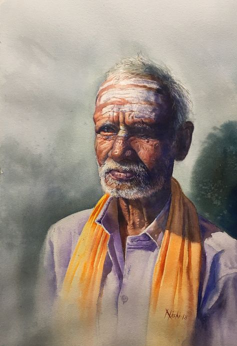 nishikant palande on Behance Watercolor Portrait Painting, Paintings Artwork, Tanjore Painting, Colorful Portrait, Indian Art Paintings, Mandala Painting, Watercolor Portraits, India Art, Old Man