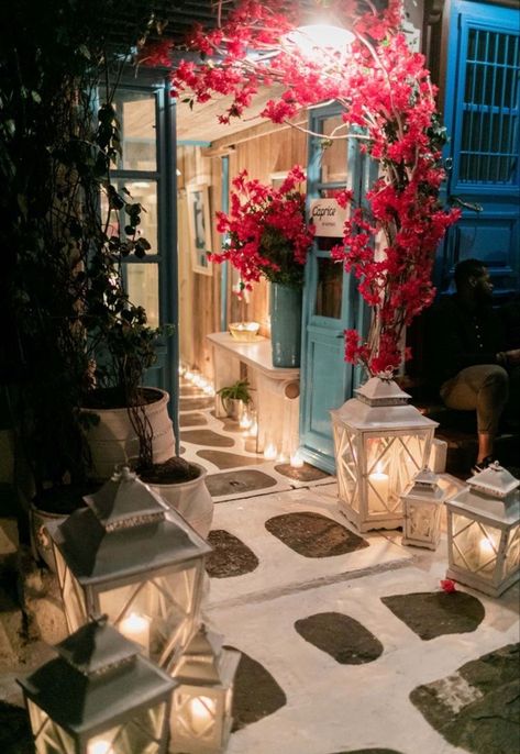 Mykonos Wedding Decor, Greece Party Decorations, Blue Entrance Door, Birthday In Greece, Santorini Themed Party, Climbing Bougainvillea, Santorini Party, Mykonos Party, Mamma Mia Wedding