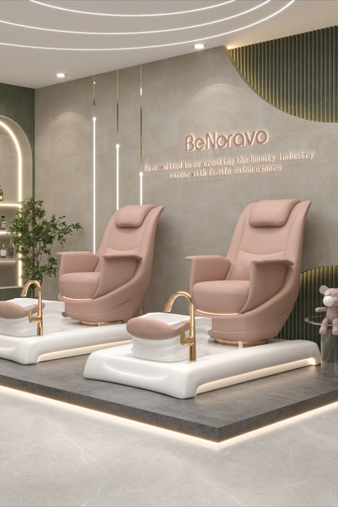 @BeNoravo Pink Collection Pedicure Chairs. ✨ Nail Saloon Interiors Ideas, Pedicure Station Ideas Small Spaces, Pedicure Interior Design, Luxury Pedicure Station, Pedicure Salon Interior Design, Pedicure Chair Ideas, Nail Studio Decor, Luxury Nail Salon, Salon Suite Decor