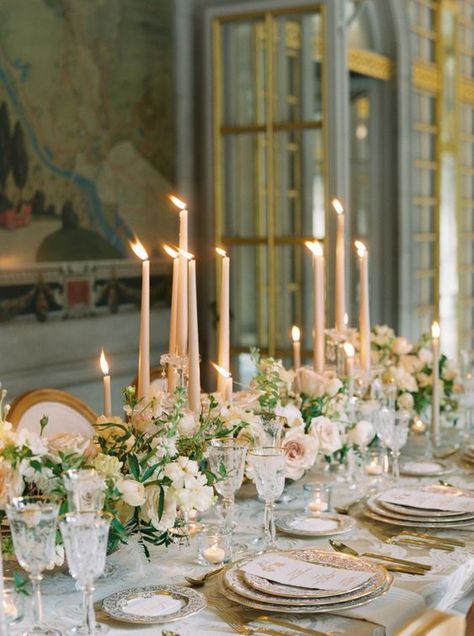 Low Floral Centerpieces With Candles, Wedding Tablescapes Long Romantic, Classic Elegant Wedding Table Decor, Long Wedding Centerpieces, Elegant Table Numbers Wedding, Candles Magnolia, Low Centerpieces Wedding, Wedding Tablescapes Long, Wedding Classy Elegant