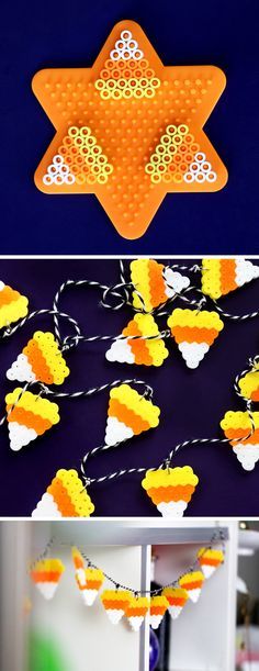 Halloween DIYs to Make When You’re Bored - DIY Candy Corn Perler Bead Garland | Karen Kavett Melt Beads Patterns Halloween, Perler Bead Candy Corn, Perler Halloween Ideas, Peeler Bead Decor, Fall Perler Bead Designs, Melting Beads Ideas Halloween, Perler Halloween Pattern, Peeler Bead Halloween, Iron Beads Halloween