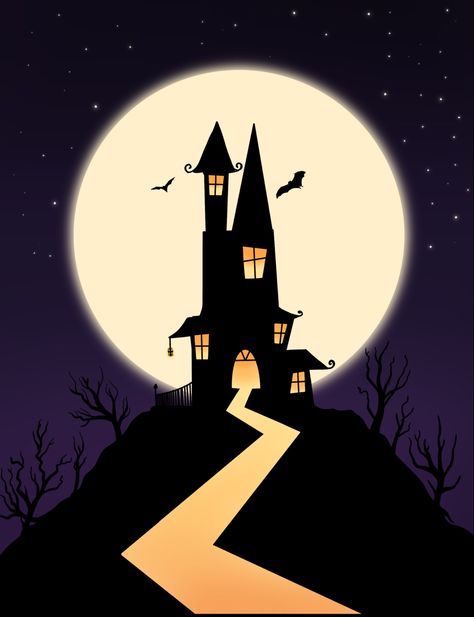 Haunted Castle Silhouette, Spooky Castle Drawing, Halloween Castle Drawing, Haunted Castle Drawing, Halloween House Drawing, Castle Drawing Easy, Witch's Castle, Scary Castle, Witch Castle