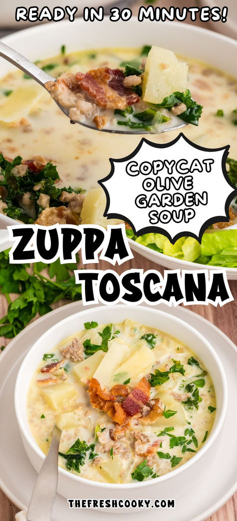 A bowl of Zuppa Toscana topped with shaved parmesan and crispy bacon, with a spoonful ready to take a bite. Olive Garden Tuscan Zuppa, Olive Garden Soup Toscana, Olive Garden Soup Zuppa, Healthy Zuppa Toscana Soup, Healthy Zuppa Toscana, Tuscano Soup, Zuppa Toscana Soup Olive Garden, Zuppa Toscana Soup Recipe, Toscana Soup Recipe