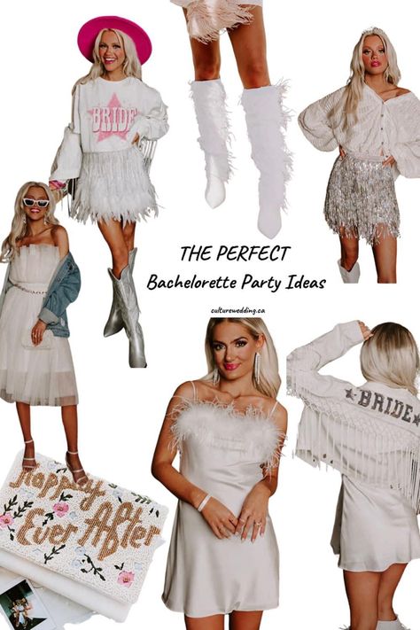 Bachelorette party outfit inspiration. If you are plannig a bachelorette party and aren’t sure what to wear, click here! Its a list of amazing outfit ideas for bachelorette parties of all types. Winter Bachelorette Party Outfit, Bachelorette Party Outfit Ideas, White Lace Dress Long, Outfit Ideas 2023, Fringe Romper, Party Jeans, Sequin Wrap Dress, Reception Dresses, Party Outfit Ideas