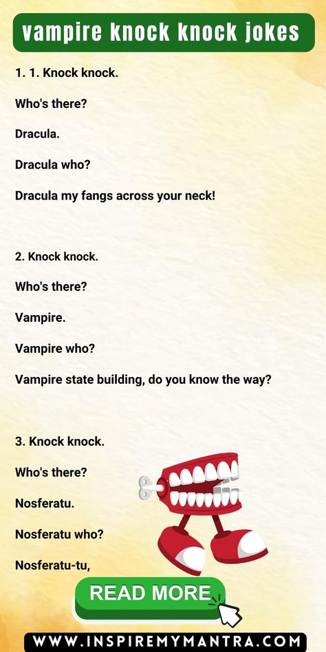 vampire knock knock jokes Vampire Jokes, Halloween Jokes, Howling At The Moon, Count Dracula, Best Puns, Howl At The Moon, Dracula, Knock Knock, Puns