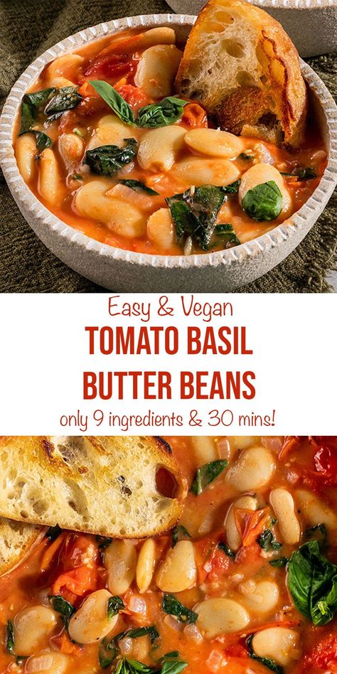 These creamy tomato basil butter beans take 30 minutes to make & make a great healthy, vegan, gluten-free, & easy weeknight dinner! With just 9 ingredients, you will love this quick & fresh tomato basil butter bean stew. Tomato Basil Butter Beans, Butter Beans And Rice, Tomato Butter Beans, Pesto Butter Beans, Quick Healthy Vegan Meals, Vegan Butter Beans, Vegan Lima Bean Recipes, Legume Recipes Healthy, Basil Recipes Vegan