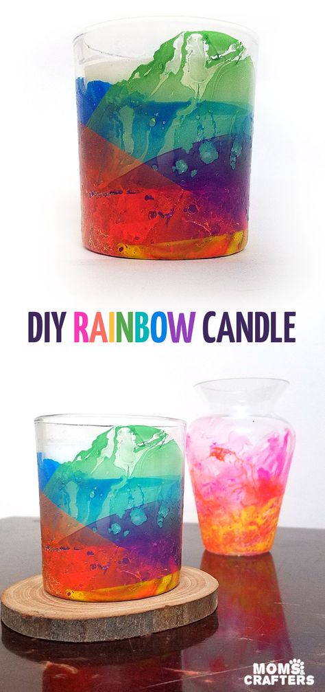 Make this beautiful rainbow candle as a DIY gift or a pretty home decor! The sheer layers of nail polish look a bit like water colors and the texture adds so much life. I had to try a few times to see the best way to make this dipped nail polish rainbow craft but now I can share my best tips with you so you'll get it right the first time (click for details) Pride Candles, Make Candles Diy, Rainbow Crafts For Kids, Candle Making Tutorial, New Diy Crafts, Make Your Own Candles, Rainbow Craft, Rainbow Candle, Diy Candle Making