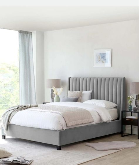 Designer Bed Frame, Super King Bed Ideas, Bed Rooms Design Modern Simple, Sleeping Bed Design, Grey Bed Styling, Grey Bed Frame Bedroom Ideas, King Size Bed With Storage, Velvet King Size Bed, Grey Velvet Bed